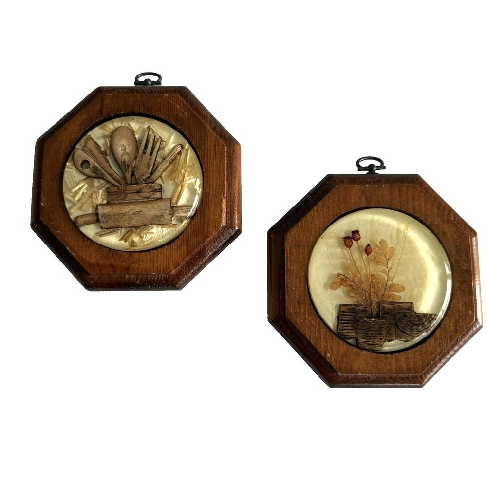 Set of 2 Vtg MCM 60s-70s Lucite Resin Farmhouse Boho Octagon Wall Hangings 5.5"